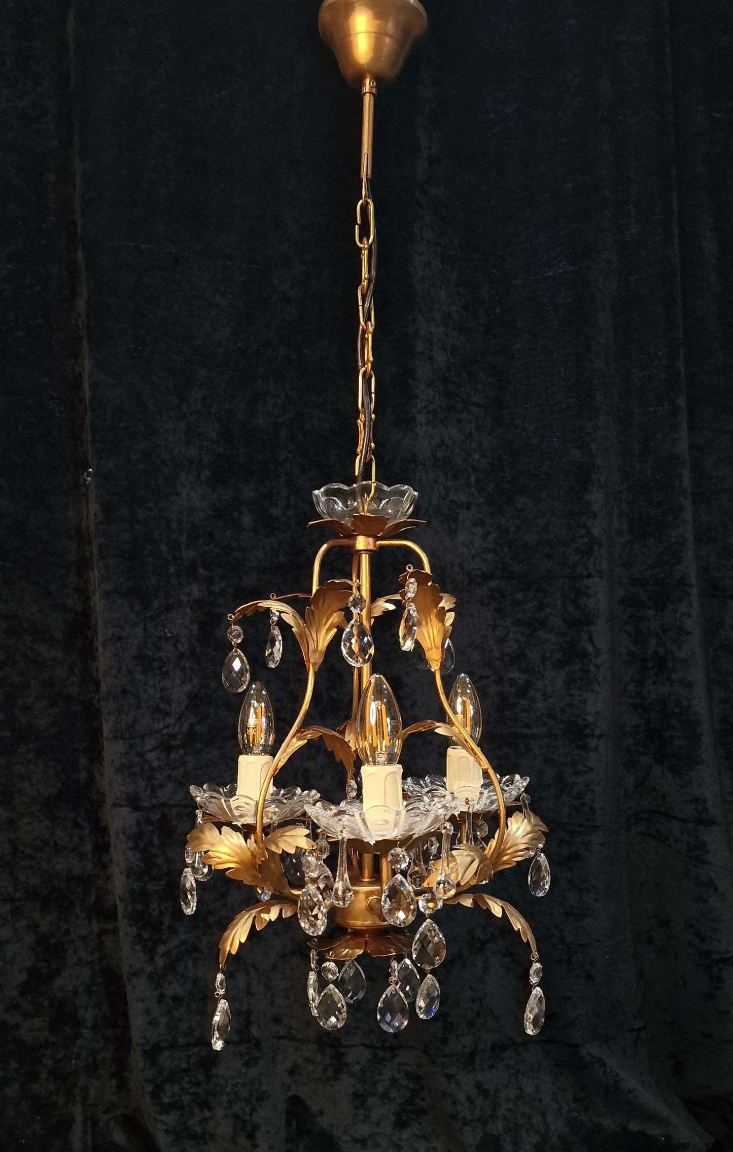 Pretty 3 Arm Gilded Cage  Vintage Toleware Leaf Crystal Chandelier Light