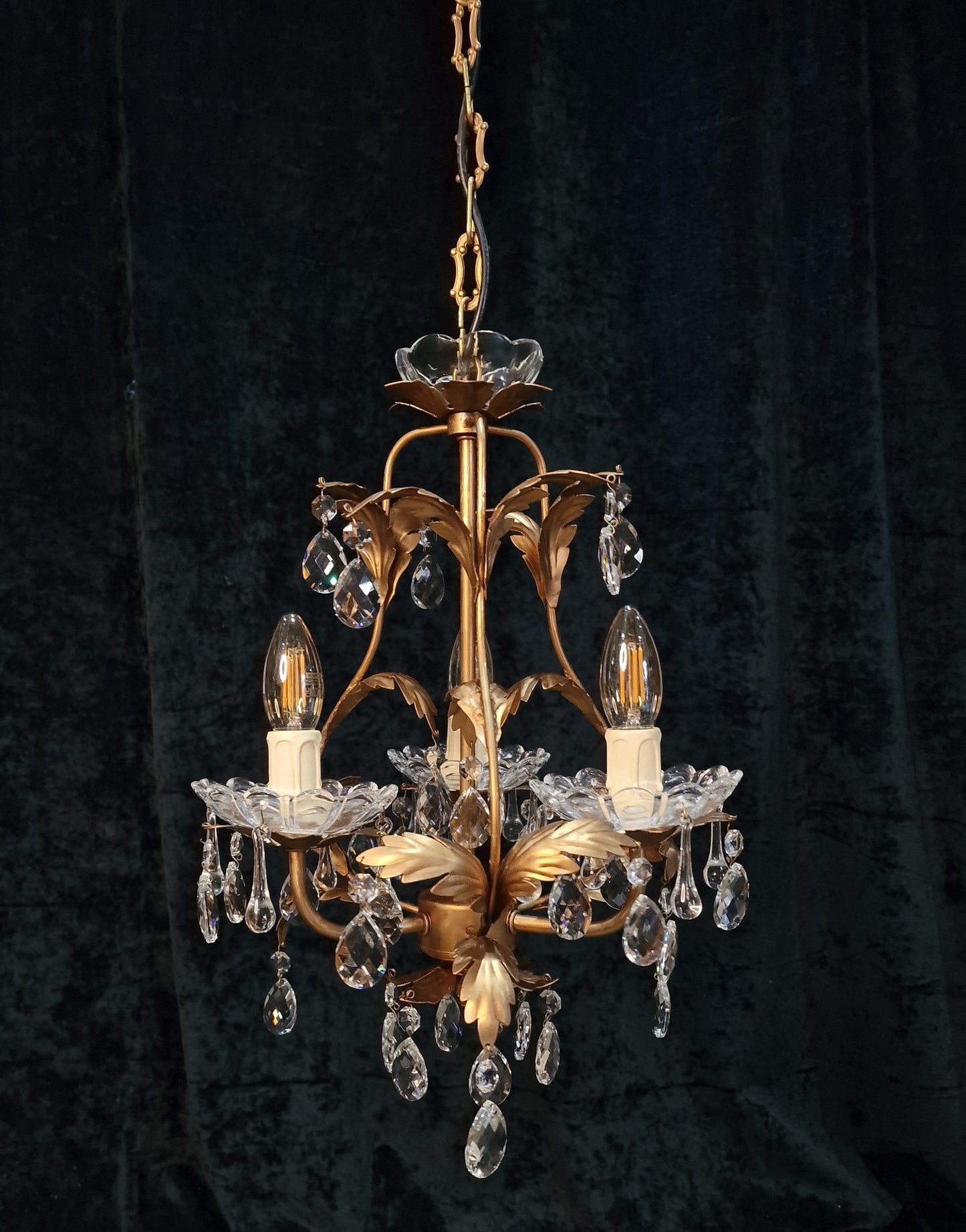 Pretty 3 Arm Gilded Cage  Vintage Toleware Leaf Crystal Chandelier Light