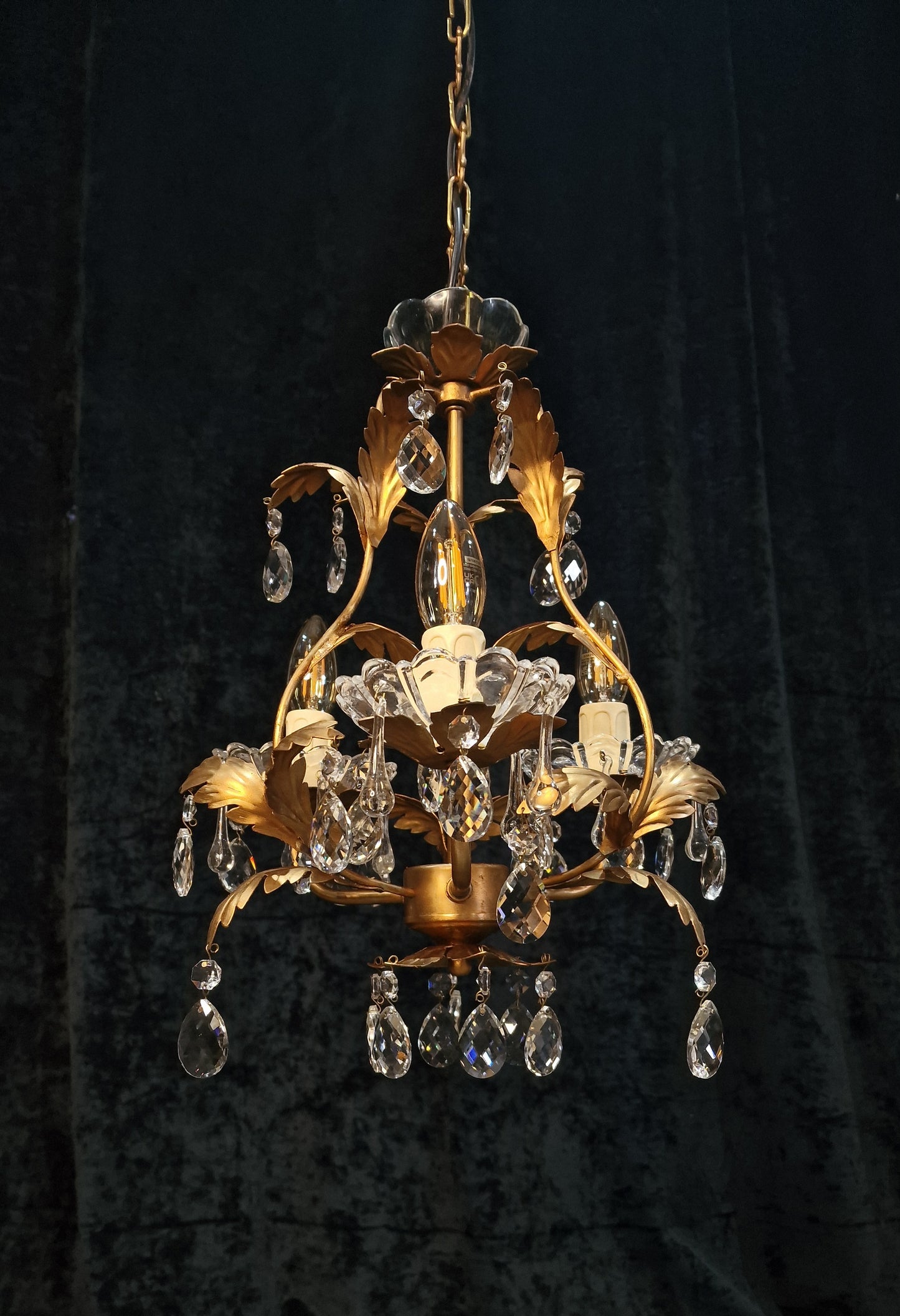 Pretty 3 Arm Gilded Cage  Vintage Toleware Leaf Crystal Chandelier Light