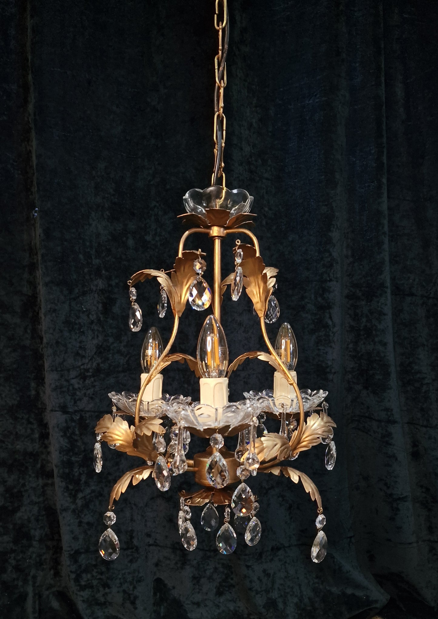 Pretty 3 Arm Gilded Cage  Vintage Toleware Leaf Crystal Chandelier Light