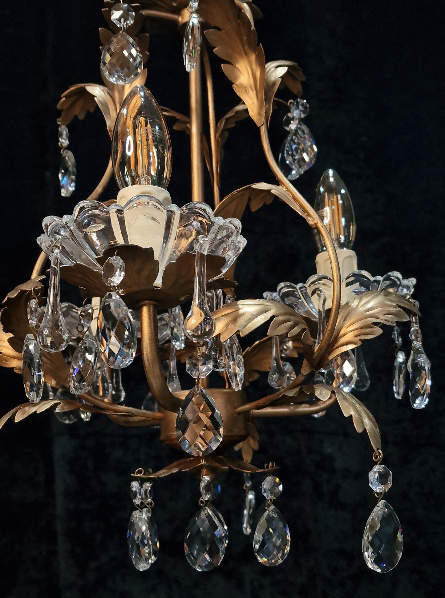 Pretty 3 Arm Gilded Cage  Vintage Toleware Leaf Crystal Chandelier Light