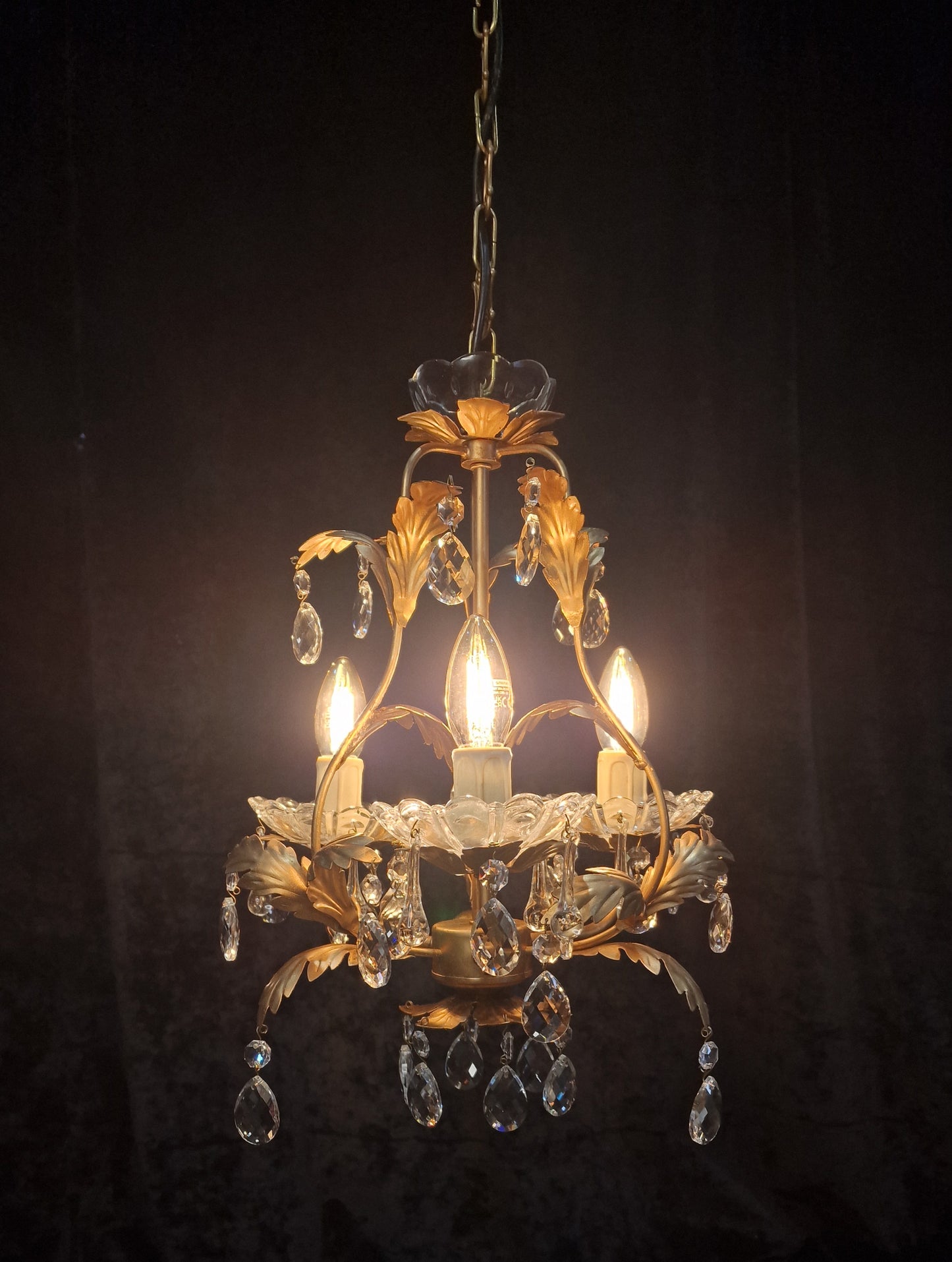 Pretty 3 Arm Gilded Cage  Vintage Toleware Leaf Crystal Chandelier Light