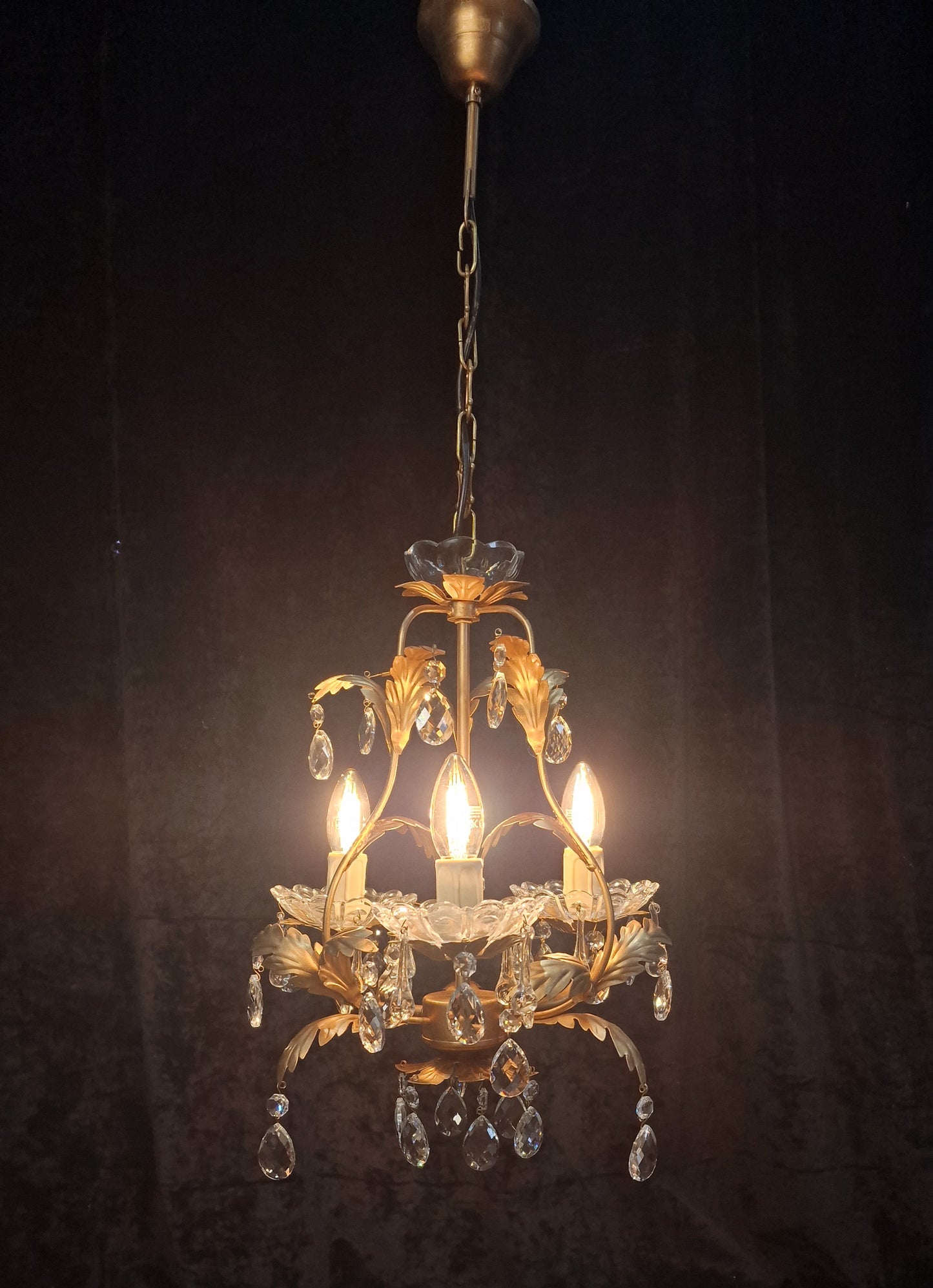 Pretty 3 Arm Gilded Cage  Vintage Toleware Leaf Crystal Chandelier Light