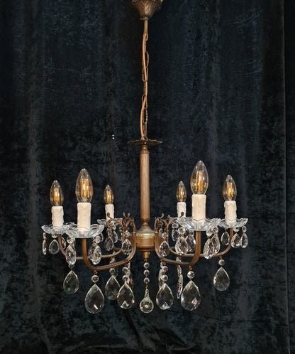 Lovely Vintage Italian 6 Arm Aged Brass Glass Crystal Chandelier Ceiling Light