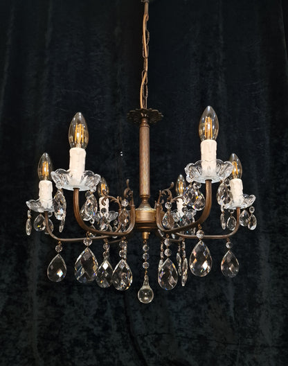 Lovely Vintage Italian 6 Arm Aged Brass Glass Crystal Chandelier Ceiling Light