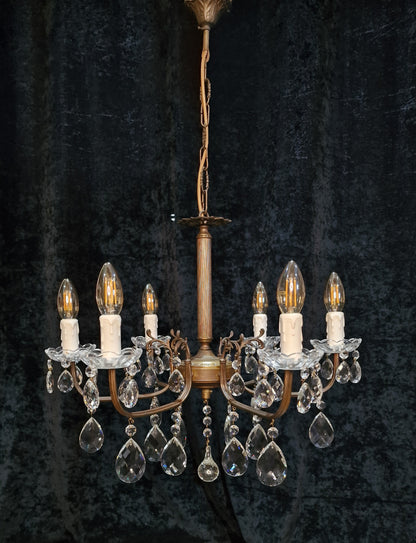 Lovely Vintage Italian 6 Arm Aged Brass Glass Crystal Chandelier Ceiling Light