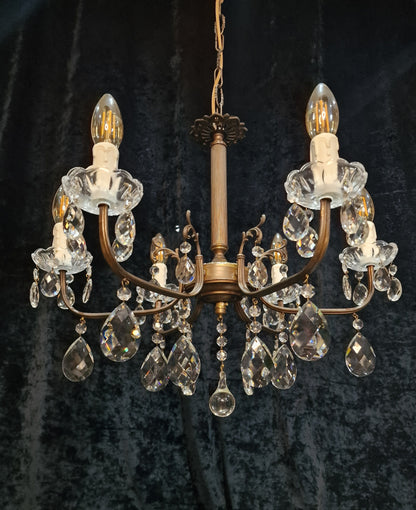 Lovely Vintage Italian 6 Arm Aged Brass Glass Crystal Chandelier Ceiling Light