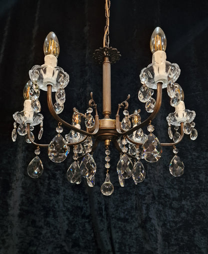 Lovely Vintage Italian 6 Arm Aged Brass Glass Crystal Chandelier Ceiling Light