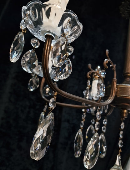 Lovely Vintage Italian 6 Arm Aged Brass Glass Crystal Chandelier Ceiling Light