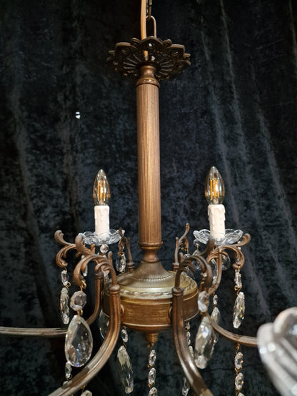 Lovely Vintage Italian 6 Arm Aged Brass Glass Crystal Chandelier Ceiling Light