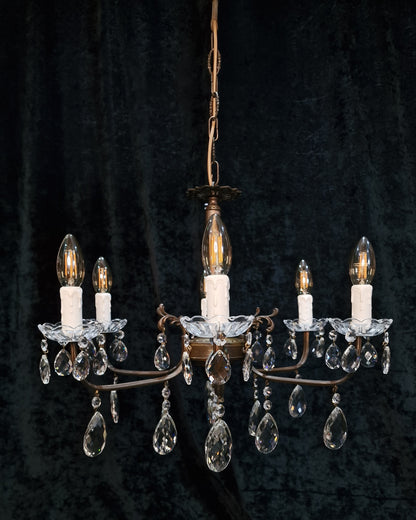 Lovely Vintage Italian 6 Arm Aged Brass Glass Crystal Chandelier Ceiling Light