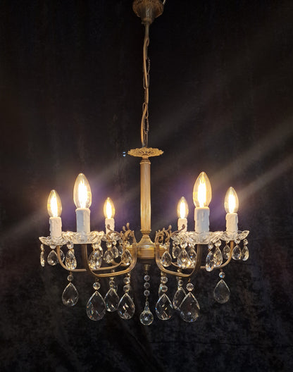 Lovely Vintage Italian 6 Arm Aged Brass Glass Crystal Chandelier Ceiling Light