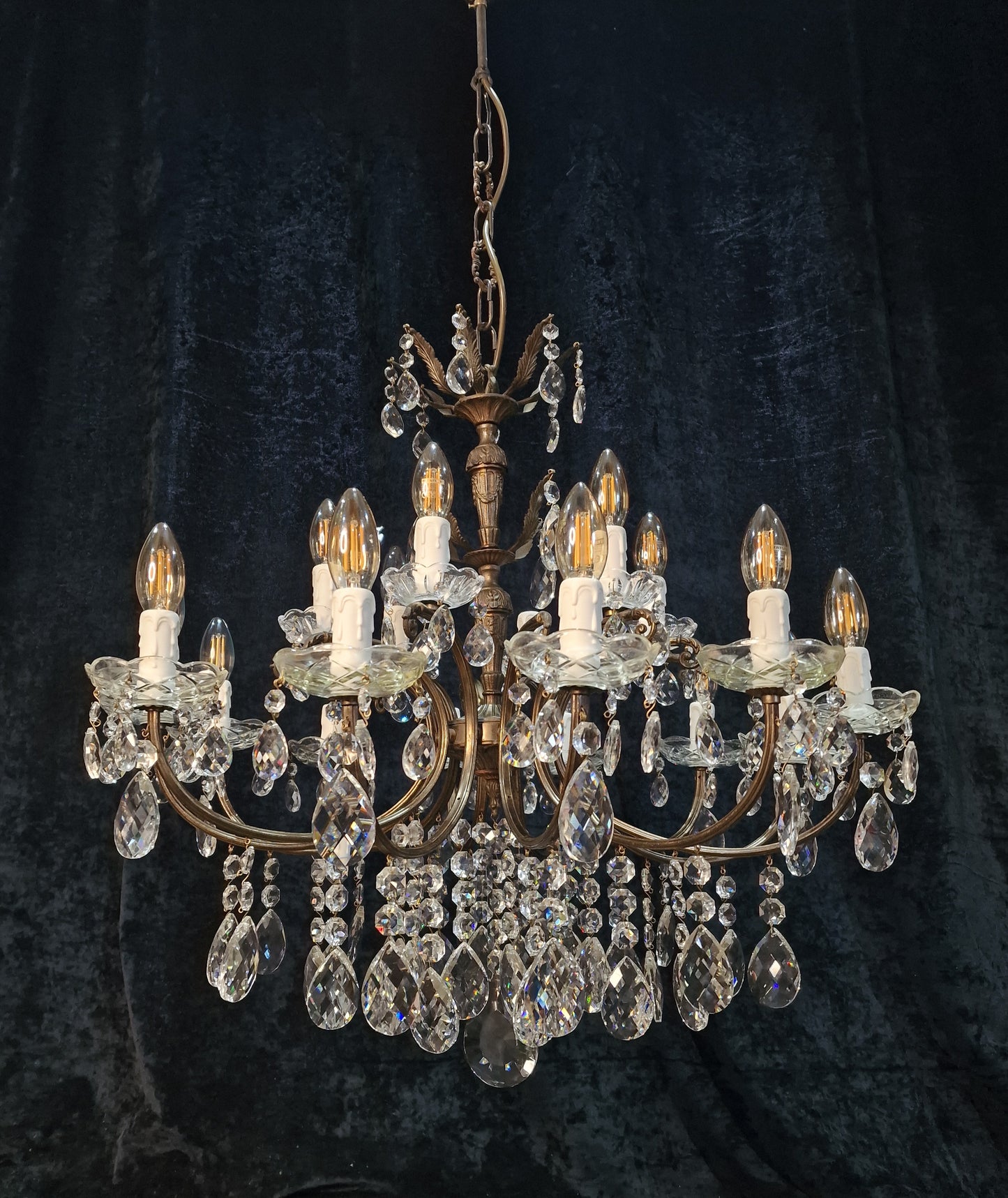 Fabulous Large Vintage French 12 Arm 18 Light Heavy Brass Crystal Chandelier