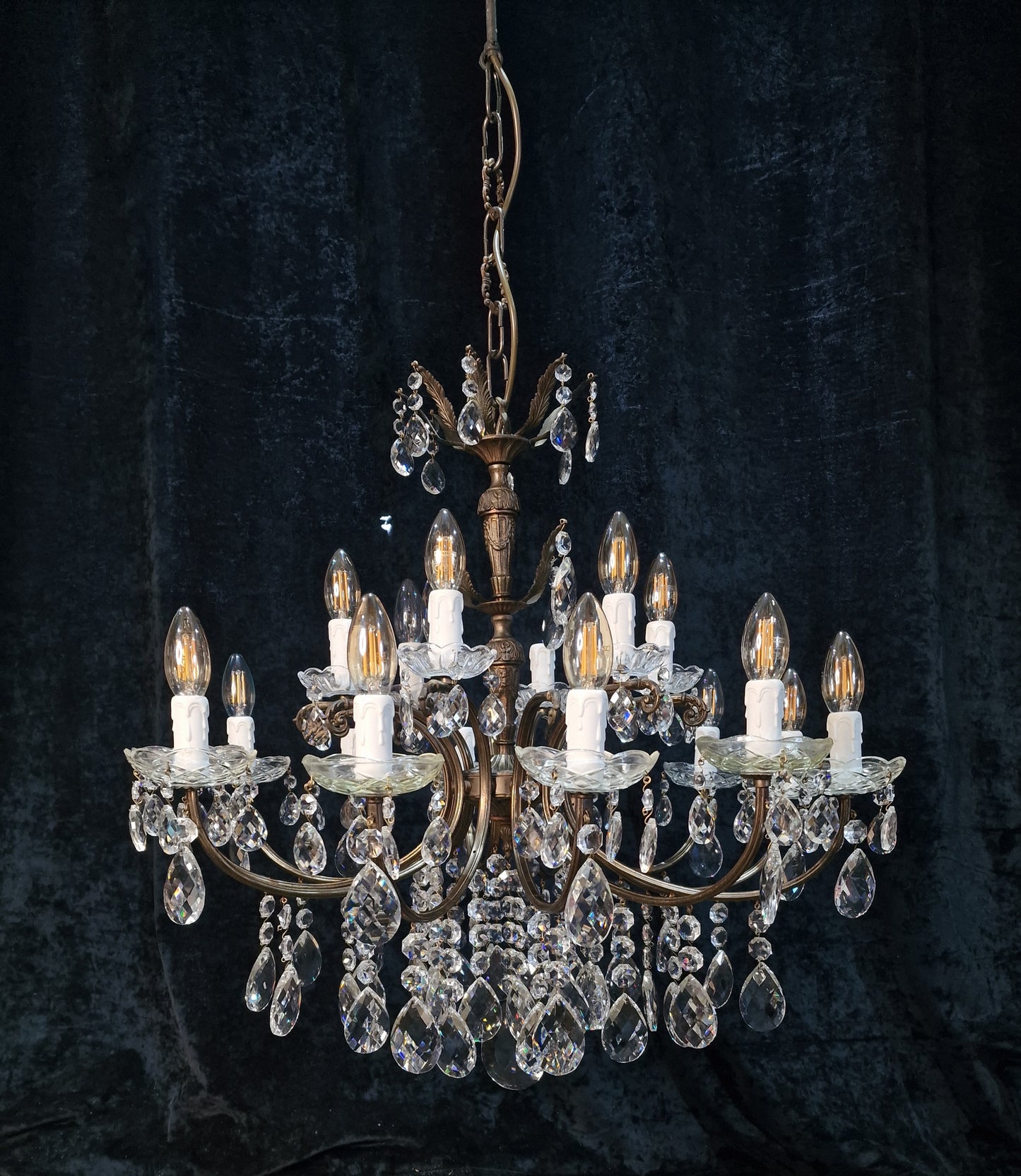 Fabulous Large Vintage French 12 Arm 18 Light Heavy Brass Crystal Chandelier