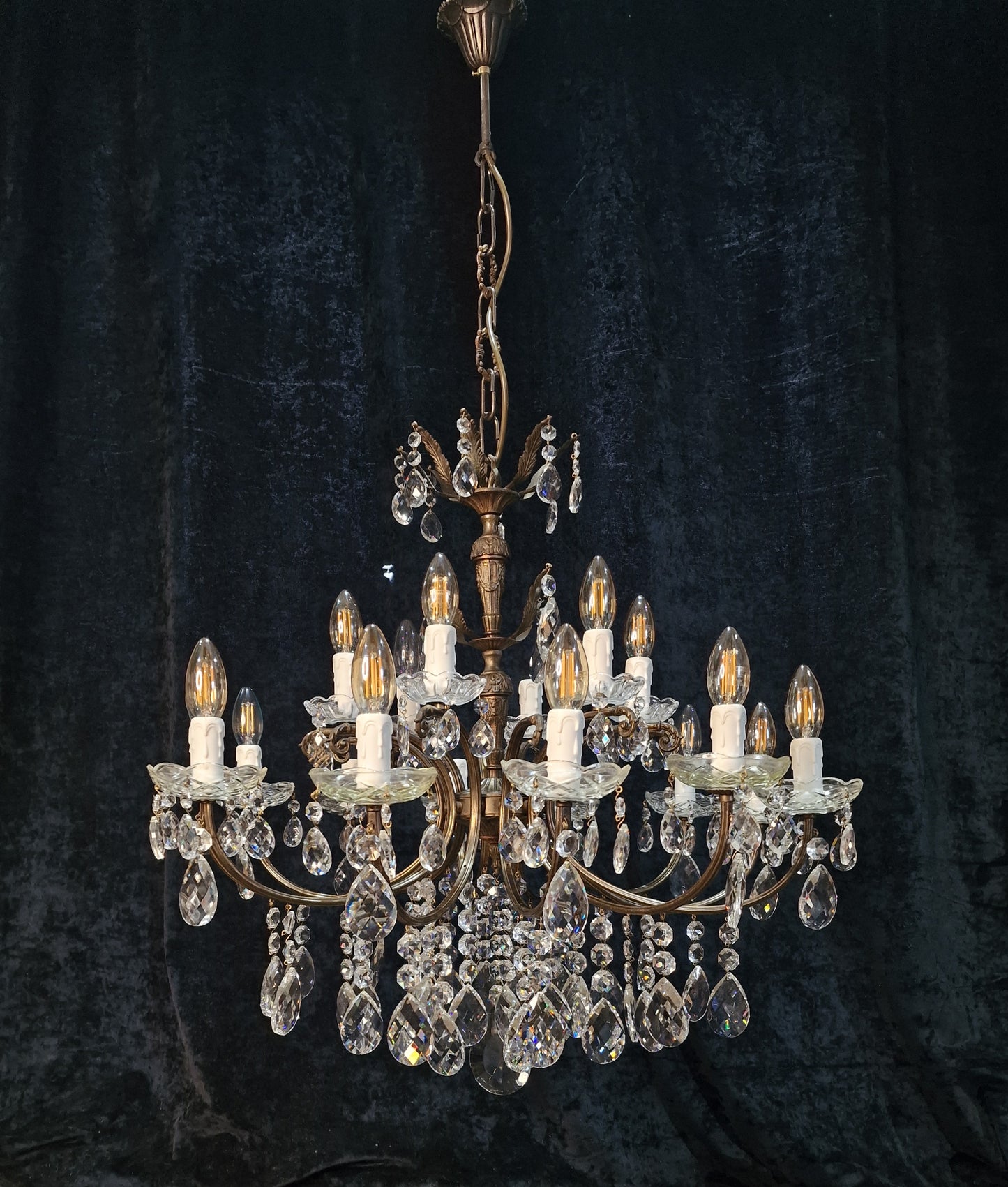 Fabulous Large Vintage French 12 Arm 18 Light Heavy Brass Crystal Chandelier