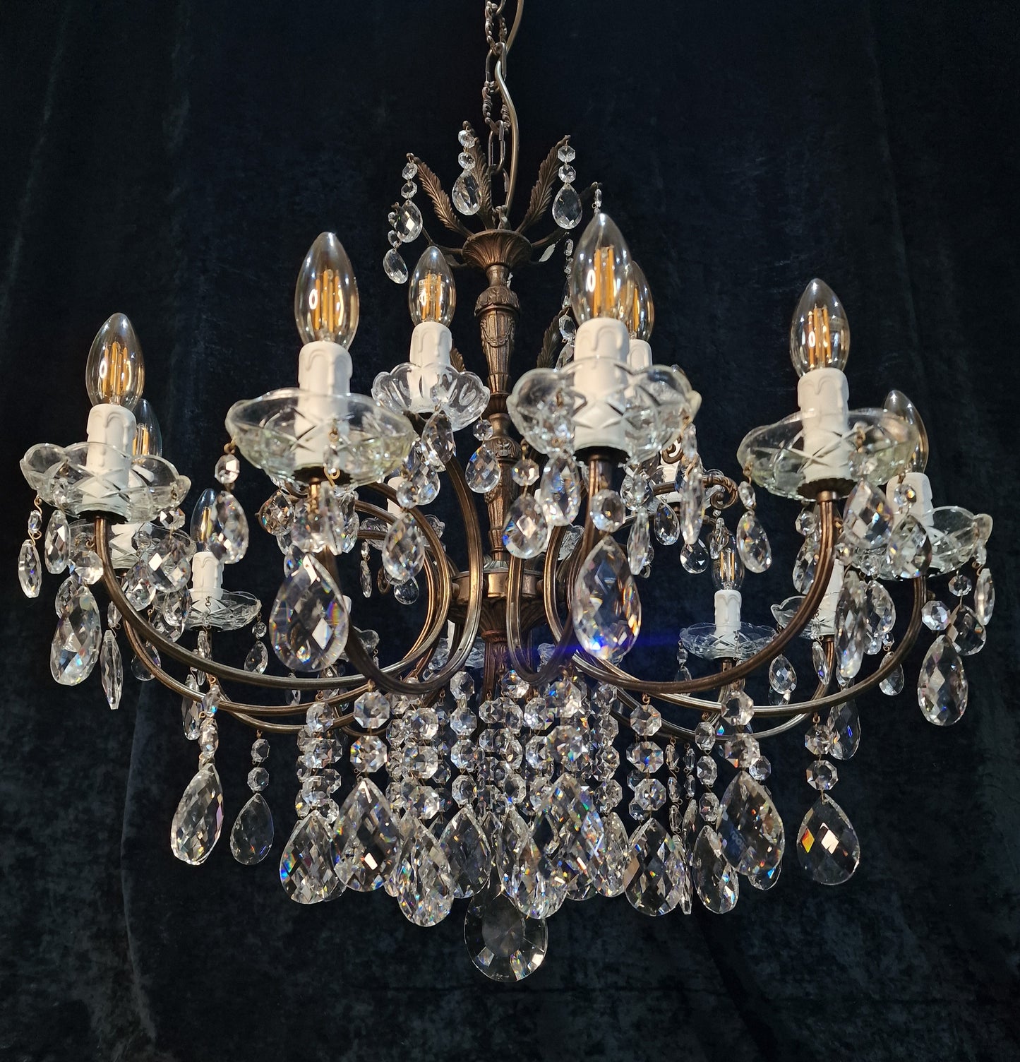 Fabulous Large Vintage French 12 Arm 18 Light Heavy Brass Crystal Chandelier