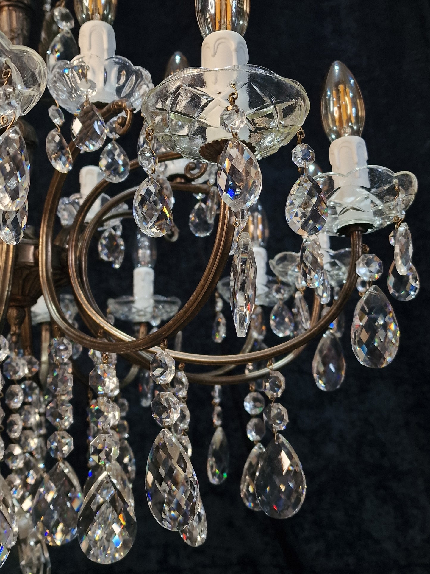 Fabulous Large Vintage French 12 Arm 18 Light Heavy Brass Crystal Chandelier