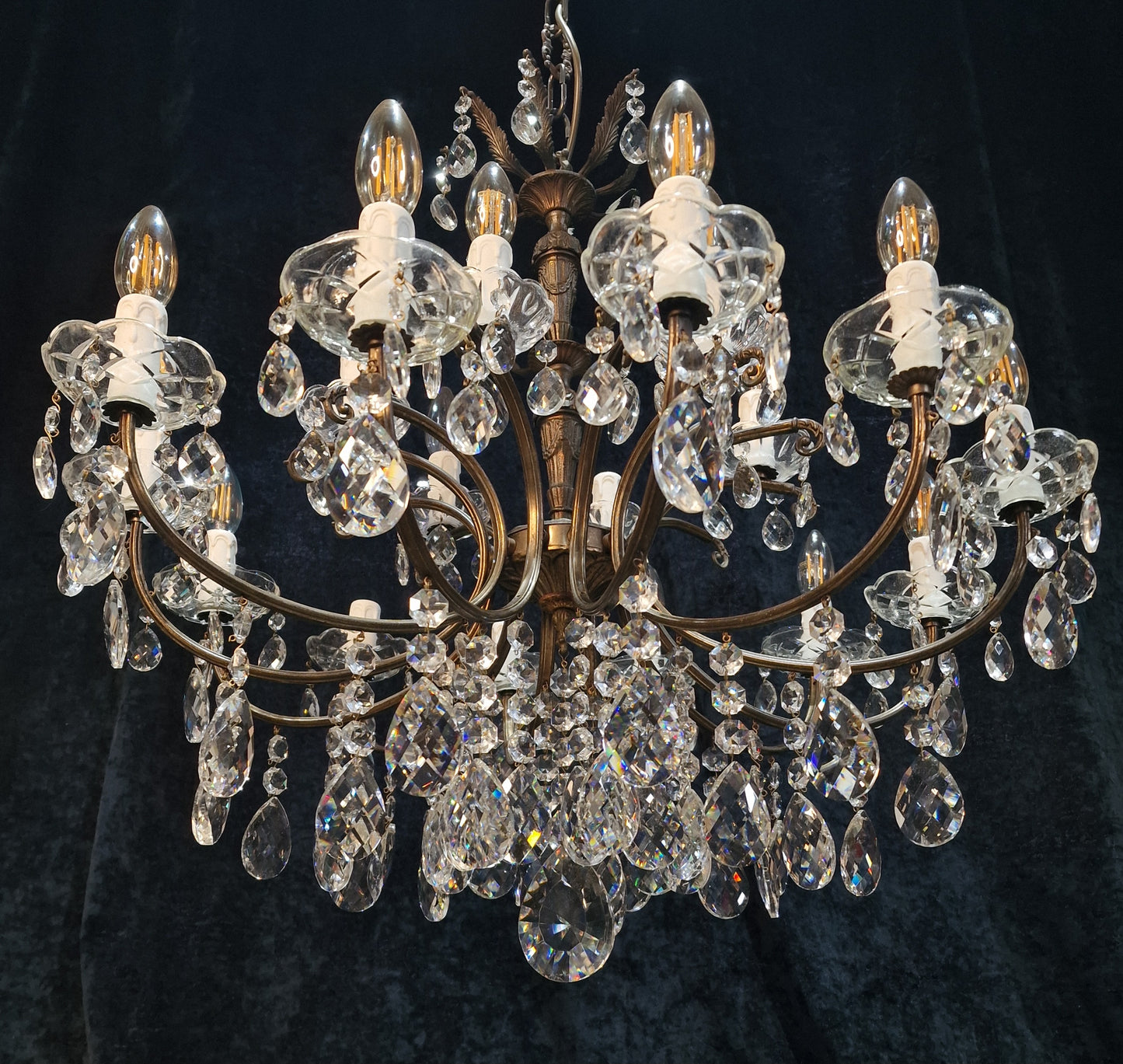 Fabulous Large Vintage French 12 Arm 18 Light Heavy Brass Crystal Chandelier