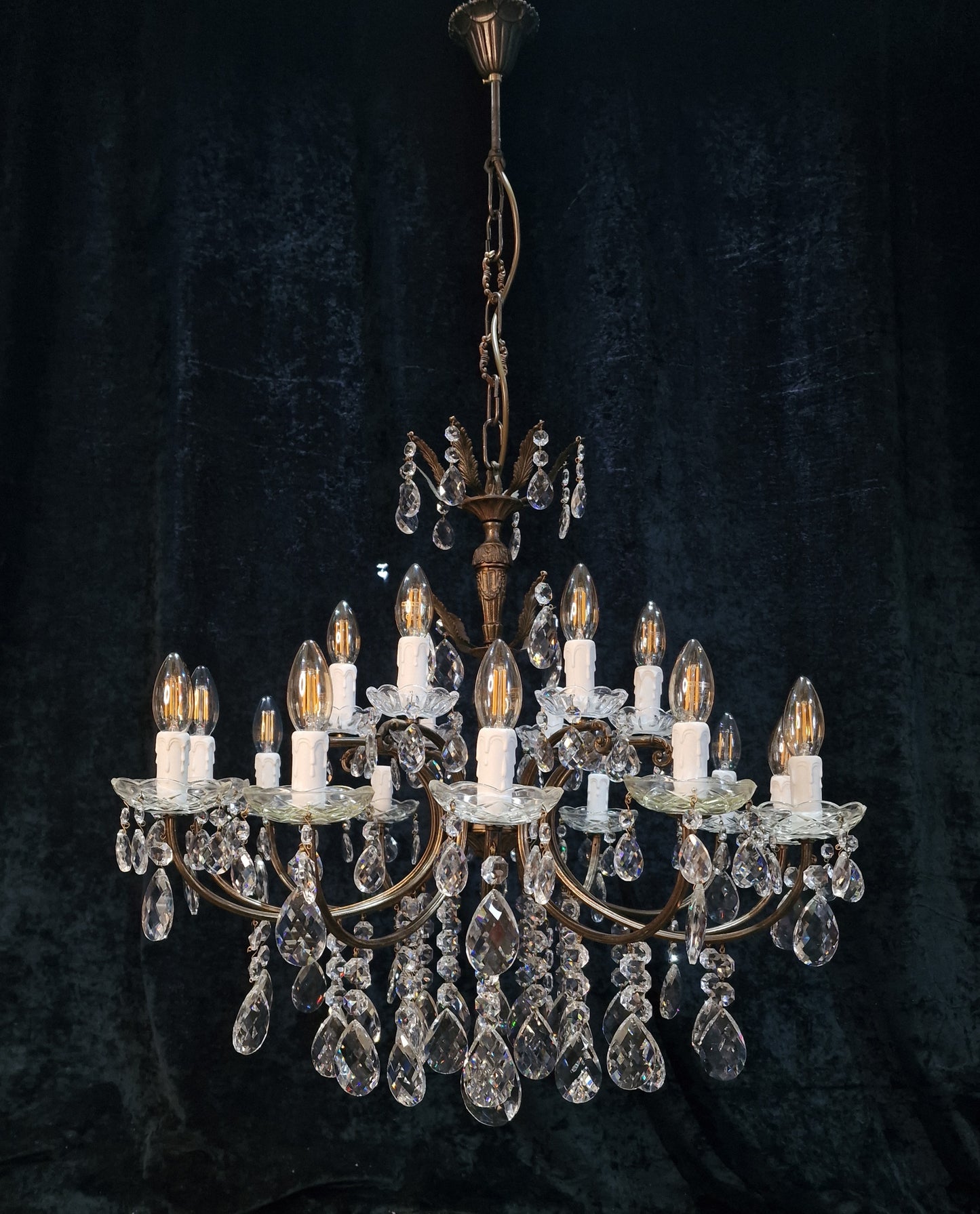 Fabulous Large Vintage French 12 Arm 18 Light Heavy Brass Crystal Chandelier