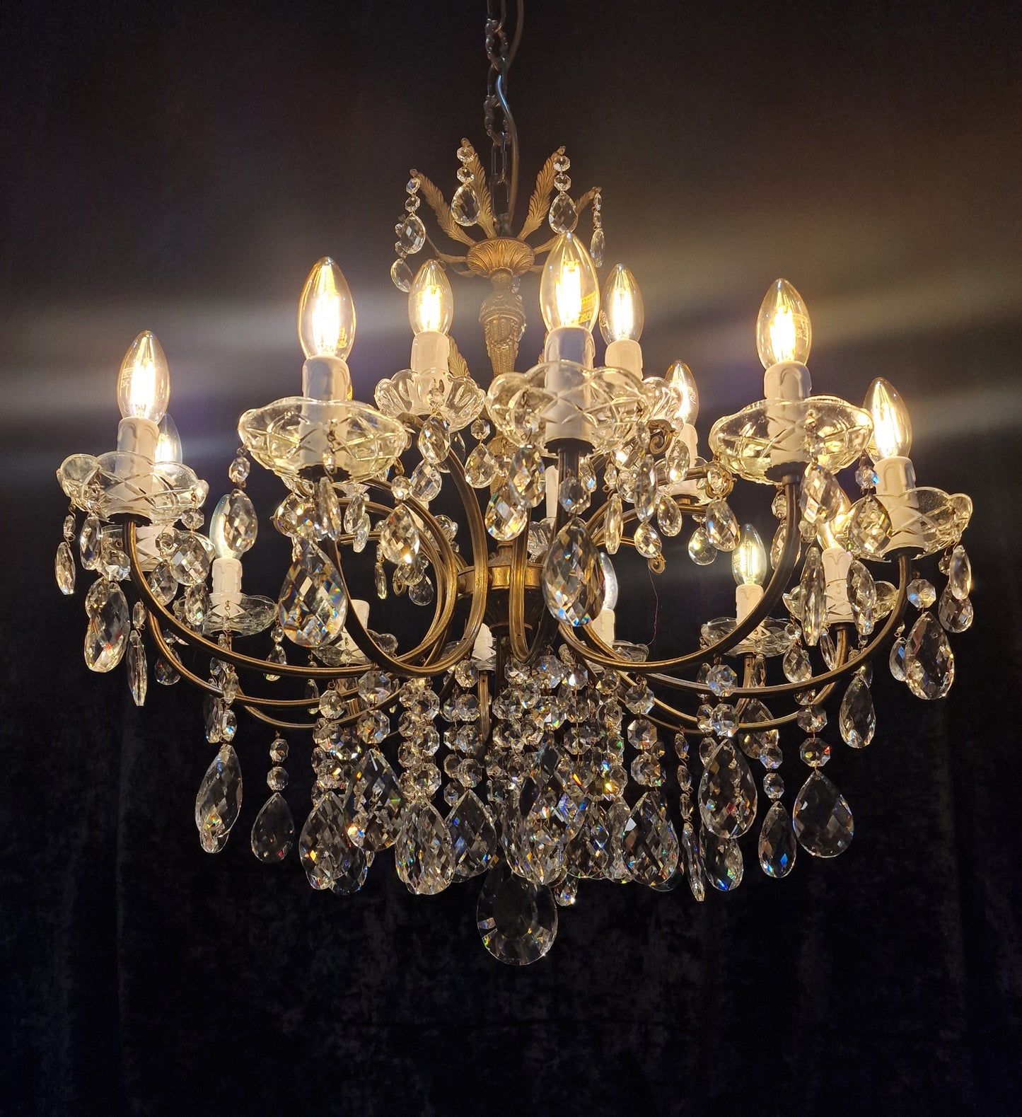 Fabulous Large Vintage French 12 Arm 18 Light Heavy Brass Crystal Chandelier