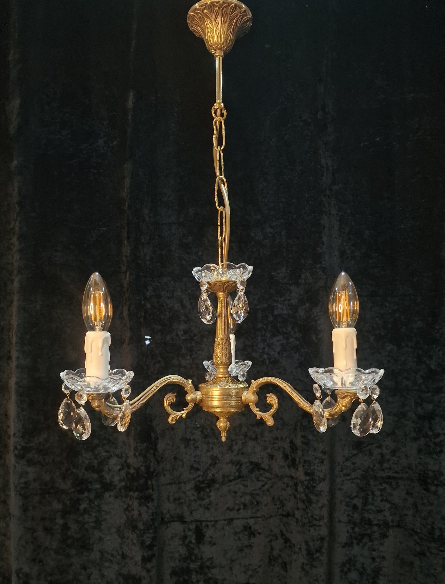 Lovely Vintage French 3 Arm Brass Crystal Chandelier Ceiling Light