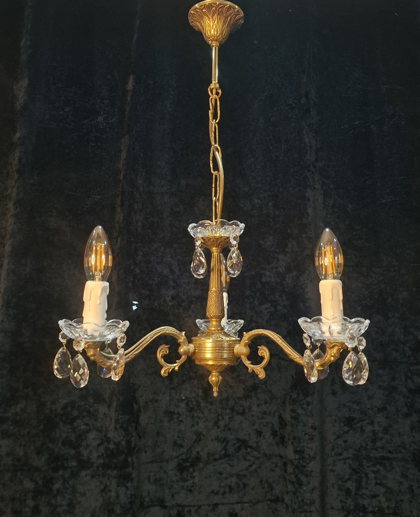 Lovely Vintage French 3 Arm Brass Crystal Chandelier Ceiling Light