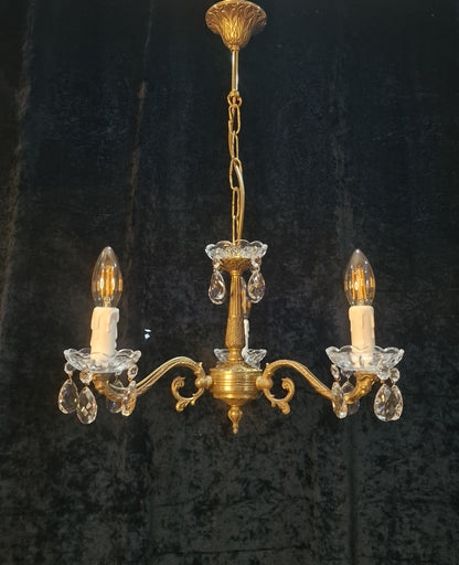 Lovely Vintage French 3 Arm Brass Crystal Chandelier Ceiling Light