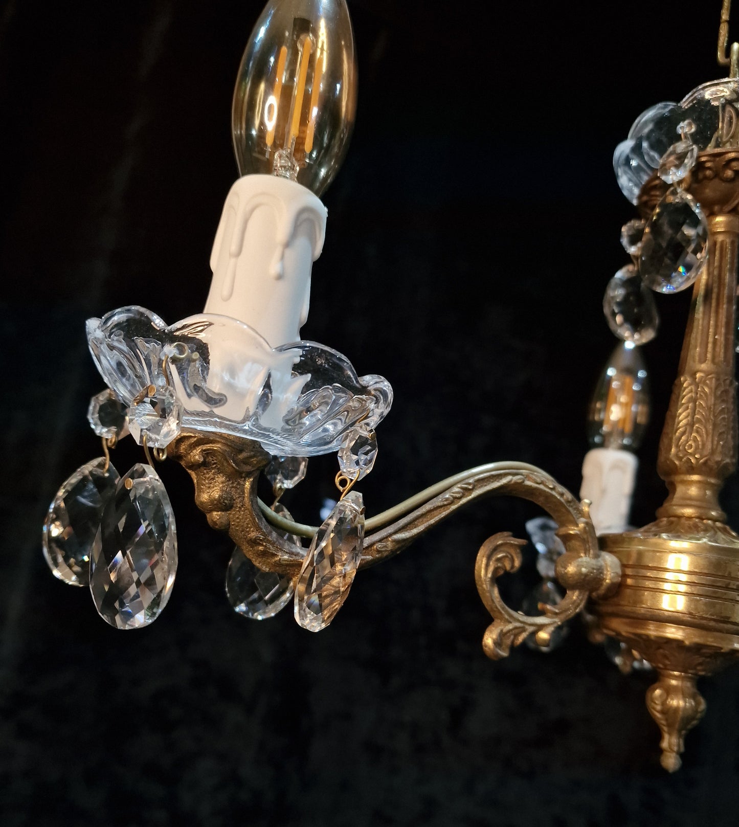 Lovely Vintage French 3 Arm Brass Crystal Chandelier Ceiling Light