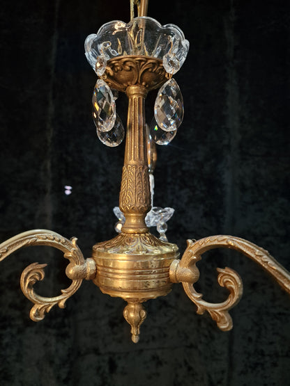 Lovely Vintage French 3 Arm Brass Crystal Chandelier Ceiling Light