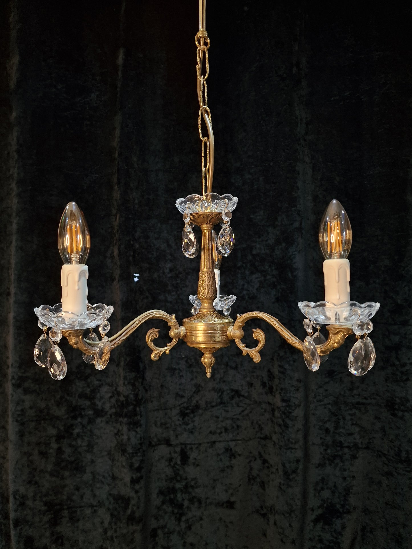 Lovely Vintage French 3 Arm Brass Crystal Chandelier Ceiling Light