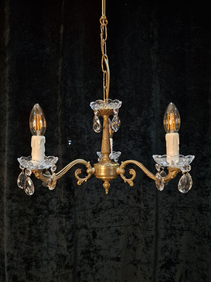 Lovely Vintage French 3 Arm Brass Crystal Chandelier Ceiling Light