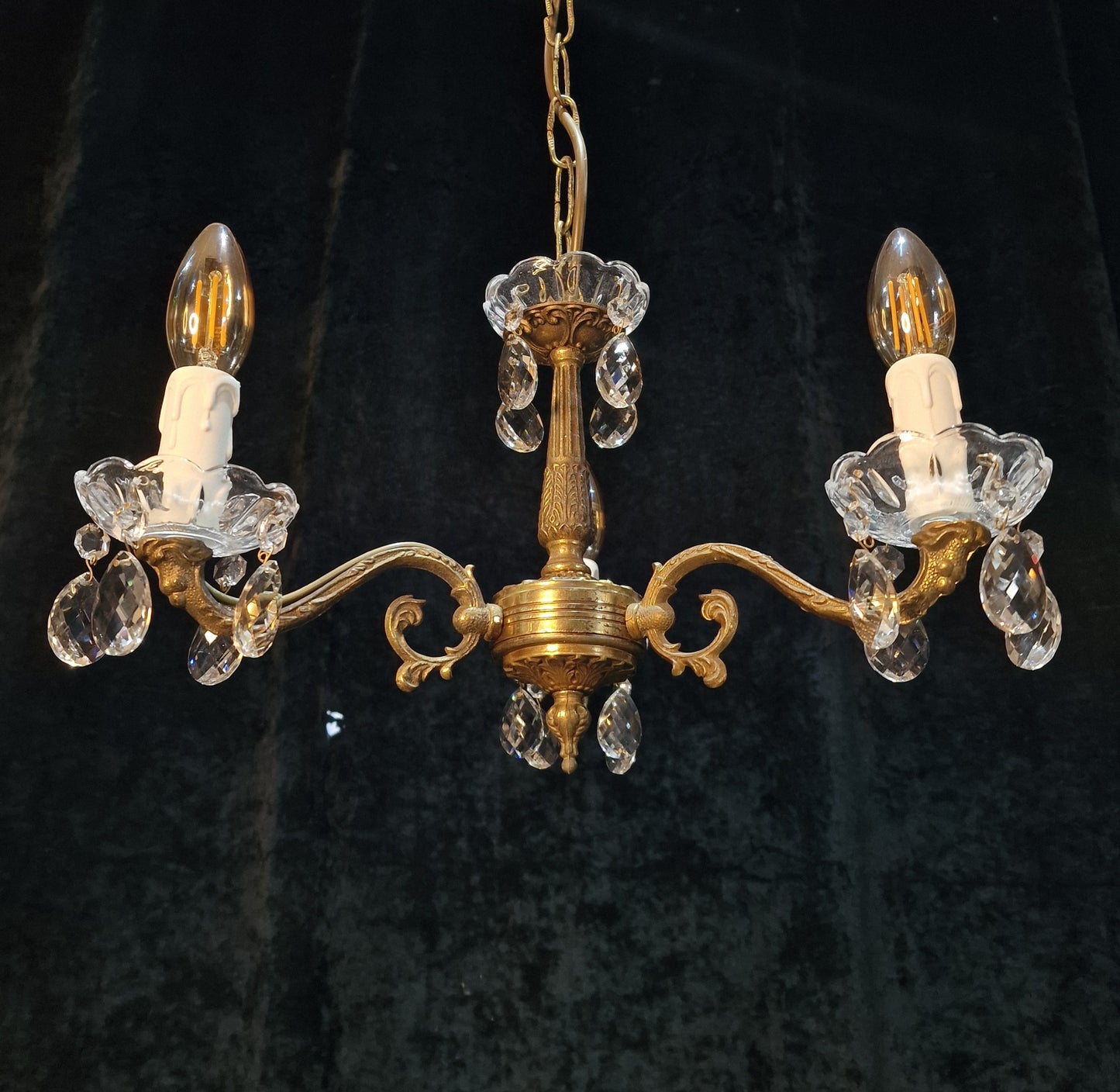 Lovely Vintage French 3 Arm Brass Crystal Chandelier Ceiling Light