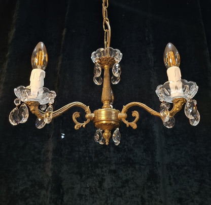 Lovely Vintage French 3 Arm Brass Crystal Chandelier Ceiling Light