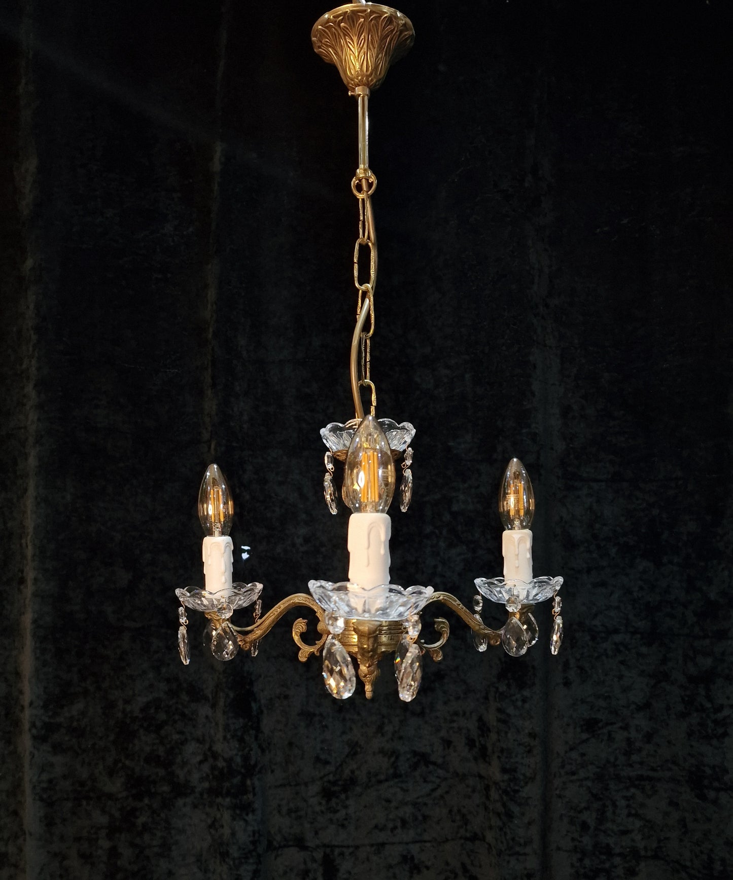 Lovely Vintage French 3 Arm Brass Crystal Chandelier Ceiling Light