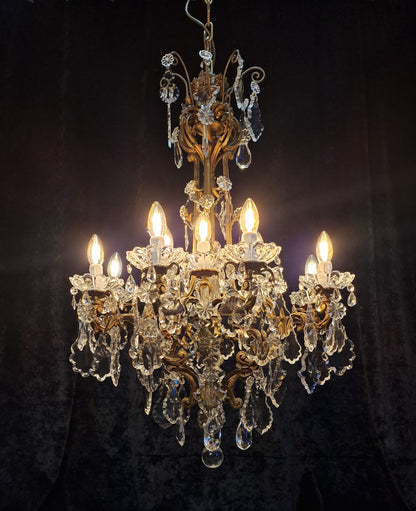 Stately Large Heavy Antique French Brass 12 Light Crystal Chandelier Light