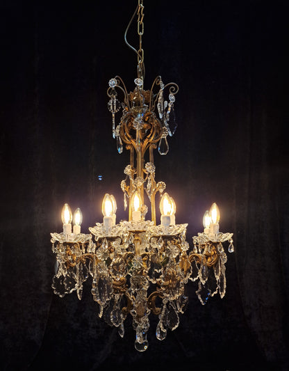 Stately Large Heavy Antique French Brass 12 Light Crystal Chandelier Light