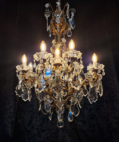 Stately Large Heavy Antique French Brass 12 Light Crystal Chandelier Light