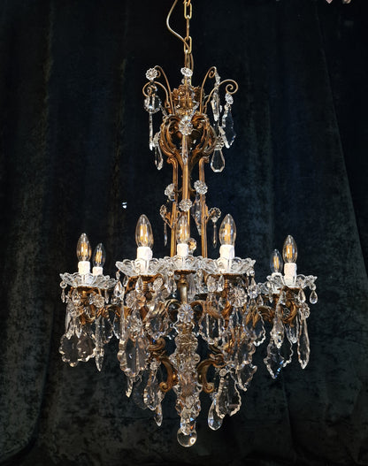 Stately Large Heavy Antique French Brass 12 Light Crystal Chandelier Light