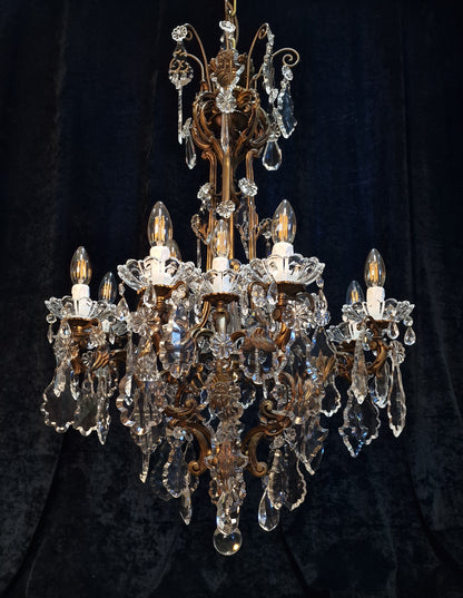 Stately Large Heavy Antique French Brass 12 Light Crystal Chandelier Light
