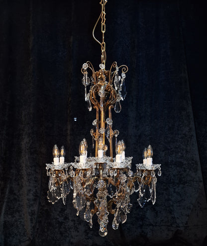 Stately Large Heavy Antique French Brass 12 Light Crystal Chandelier Light
