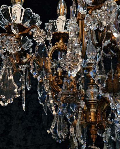 Stately Large Heavy Antique French Brass 12 Light Crystal Chandelier Light