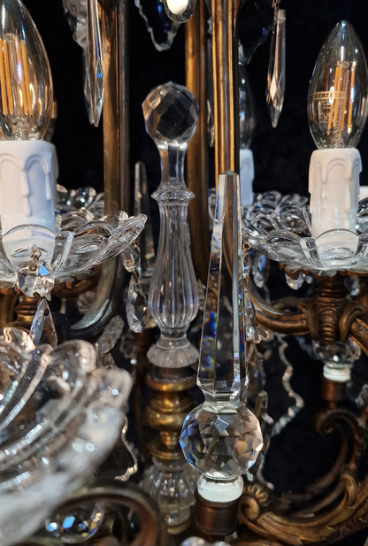 Stately Large Heavy Antique French Brass 12 Light Crystal Chandelier Light