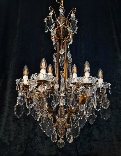 Stately Large Heavy Antique French Brass 12 Light Crystal Chandelier Light