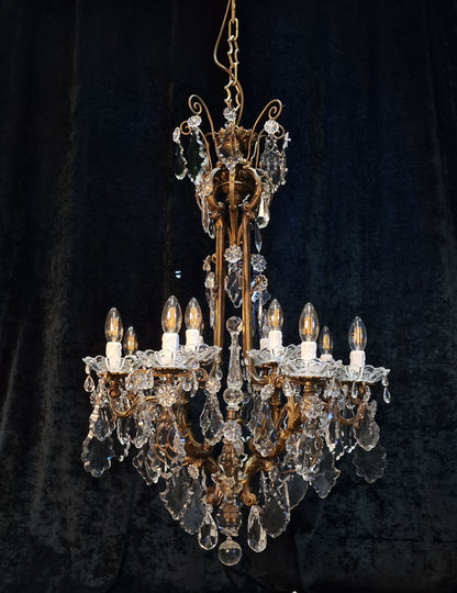 Stately Large Heavy Antique French Brass 12 Light Crystal Chandelier Light