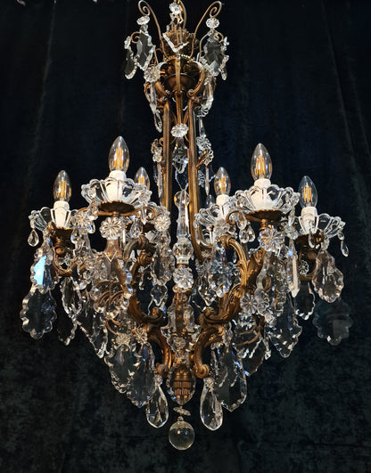 Stately Large Heavy Antique French Brass 12 Light Crystal Chandelier Light