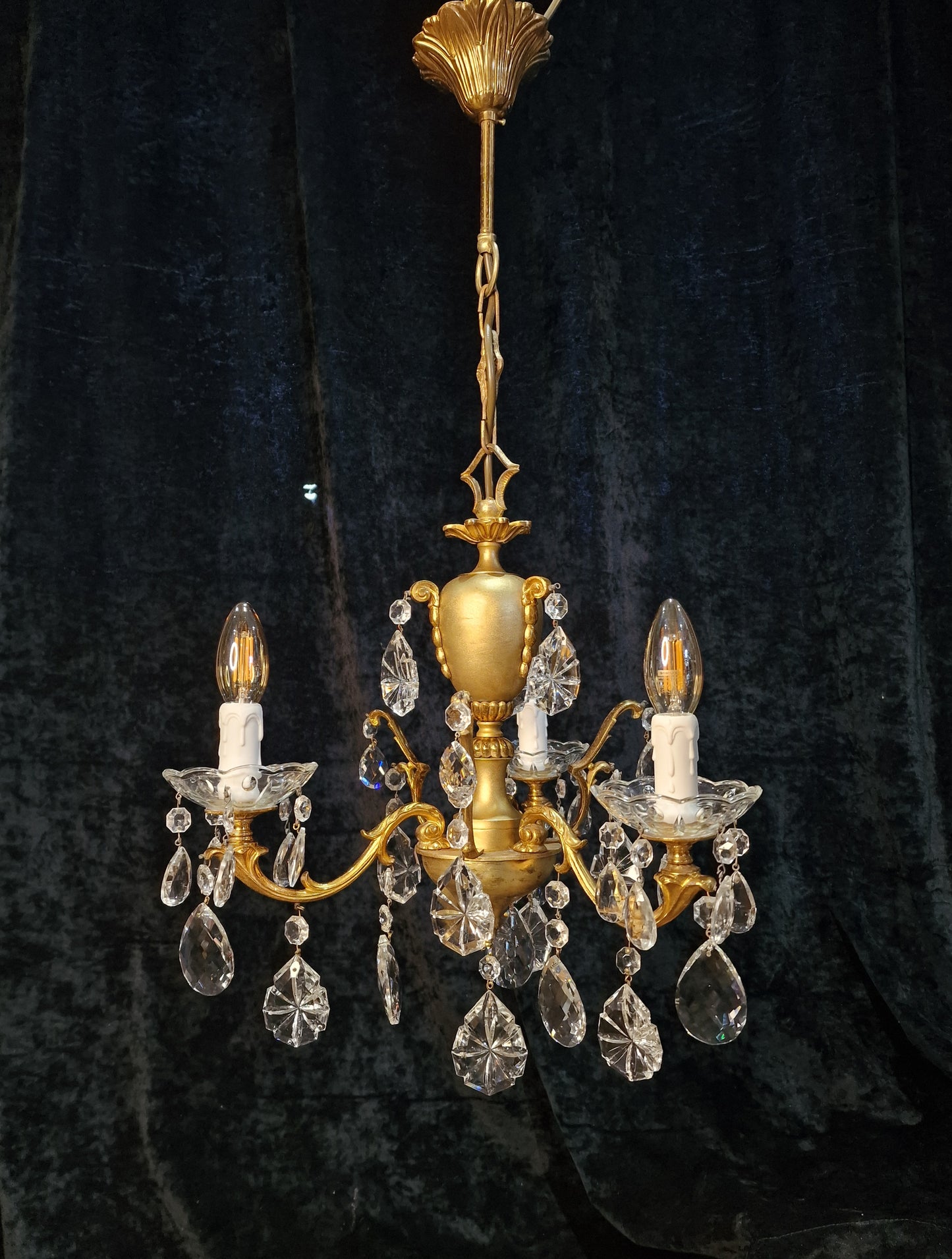 Stunning Vintage Italian 3 Arm Part Brass Part Gilded Crystal Chandelier Light
