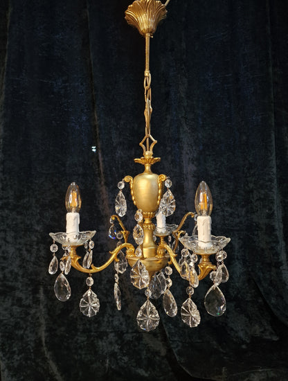 Stunning Vintage Italian 3 Arm Part Brass Part Gilded Crystal Chandelier Light