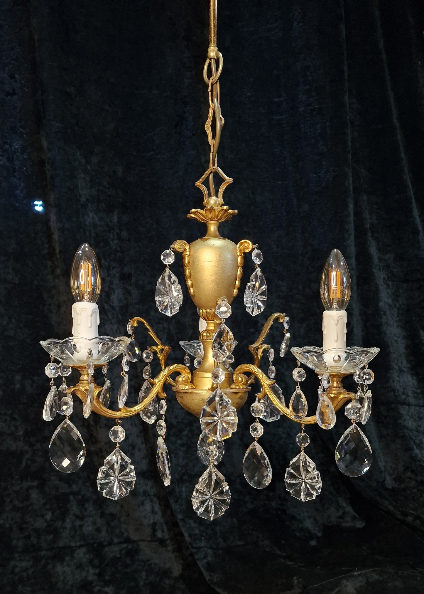 Stunning Vintage Italian 3 Arm Part Brass Part Gilded Crystal Chandelier Light