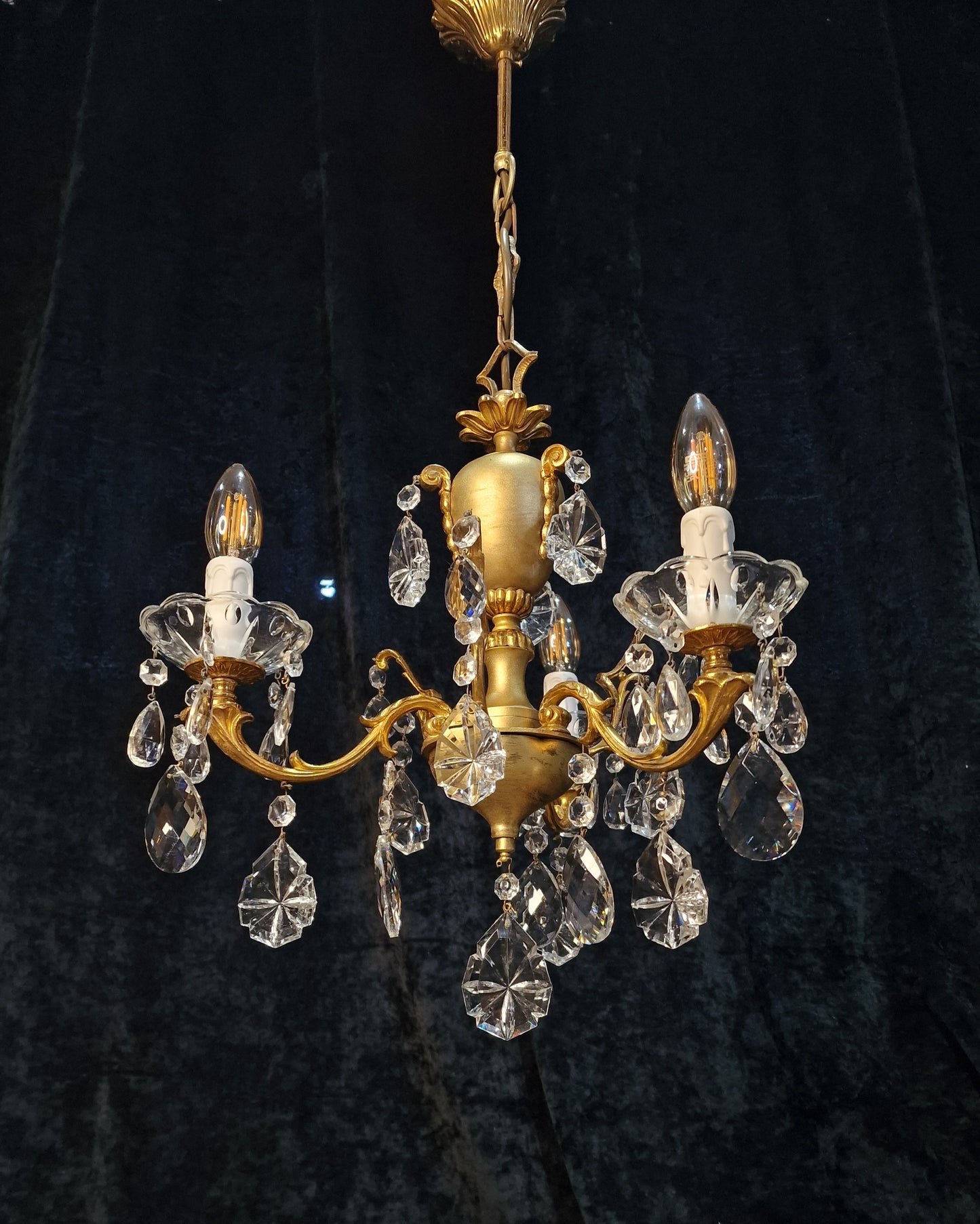 Stunning Vintage Italian 3 Arm Part Brass Part Gilded Crystal Chandelier Light