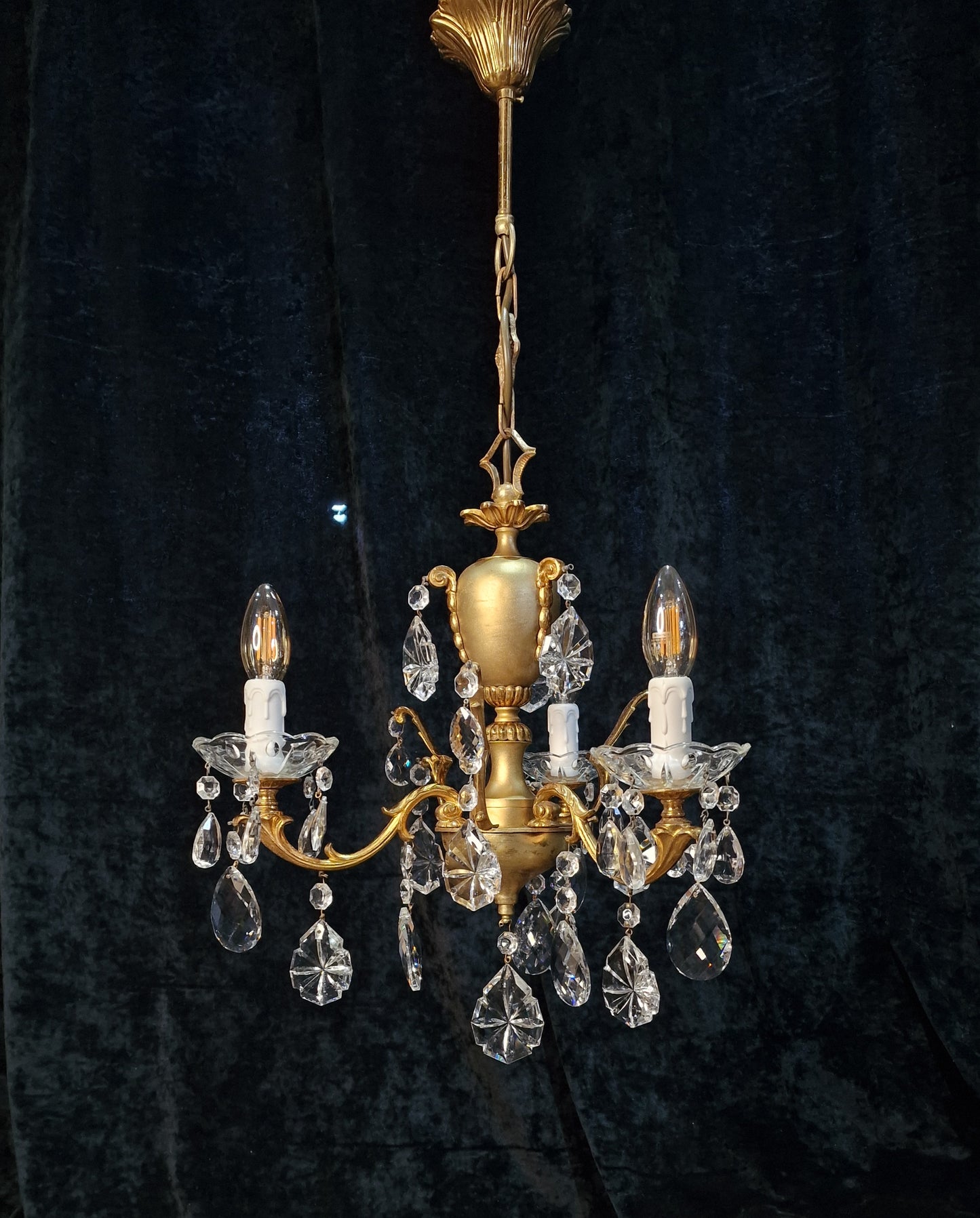Stunning Vintage Italian 3 Arm Part Brass Part Gilded Crystal Chandelier Light